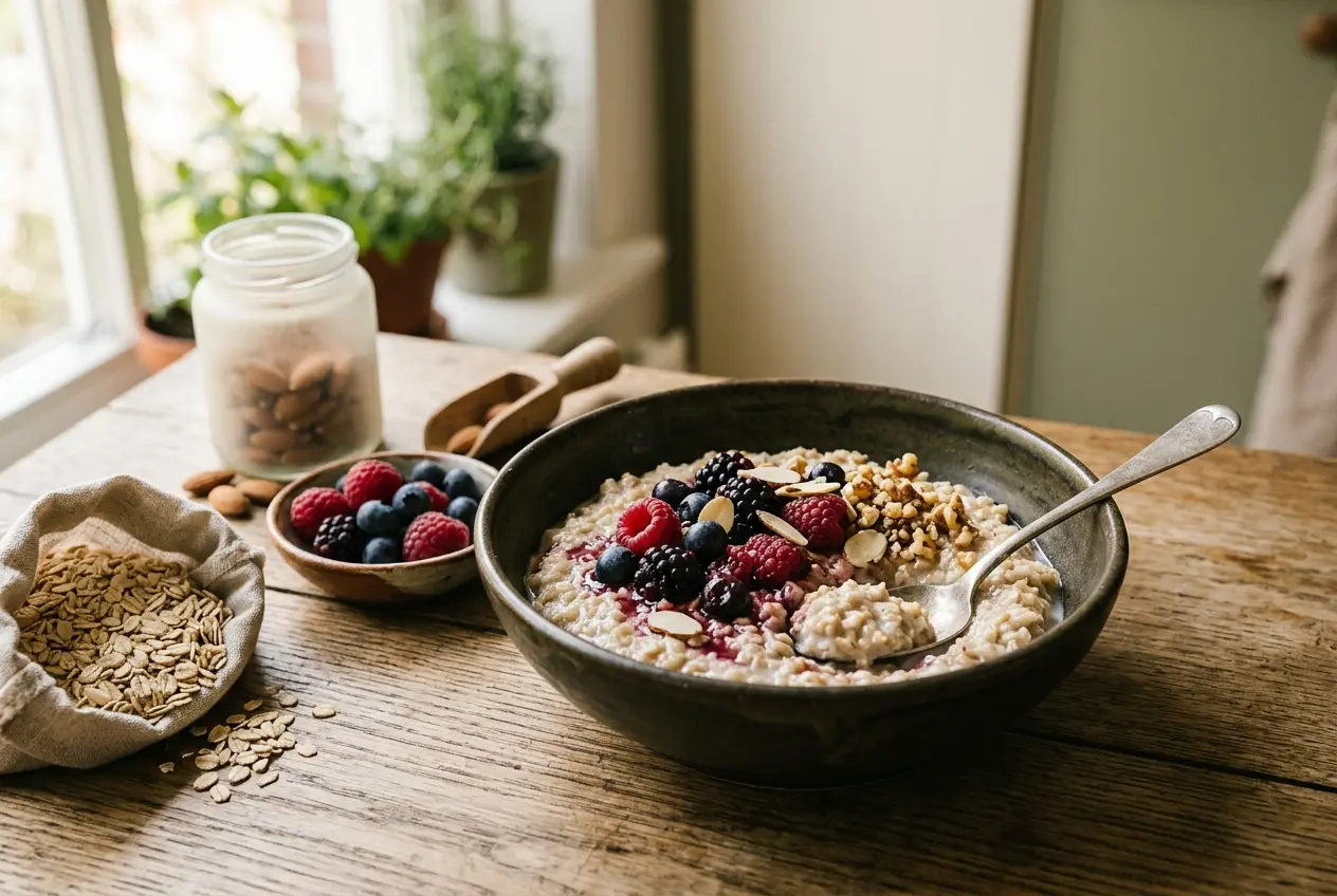 Warme amandelmelk met havermout en bosvruchten: plant-based ontbijt