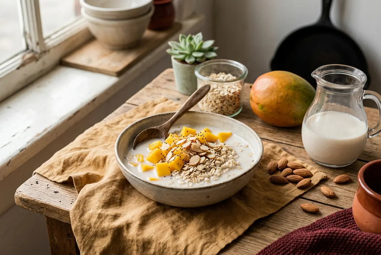 Amandelmelk met havervlokken en mango: gezond ontbijt zonder brood