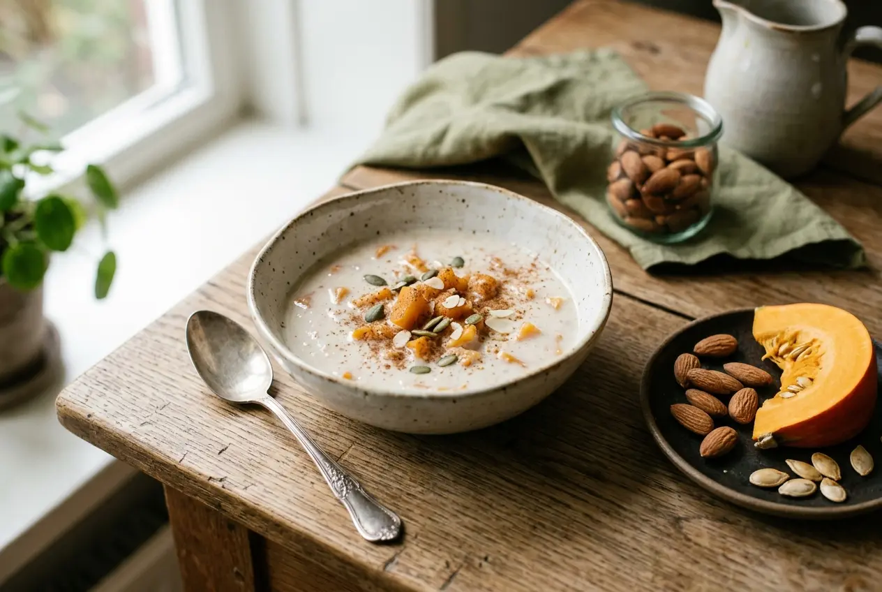 Amandelmelk met pompoenstukjes — makkelijk gezond ontbijt