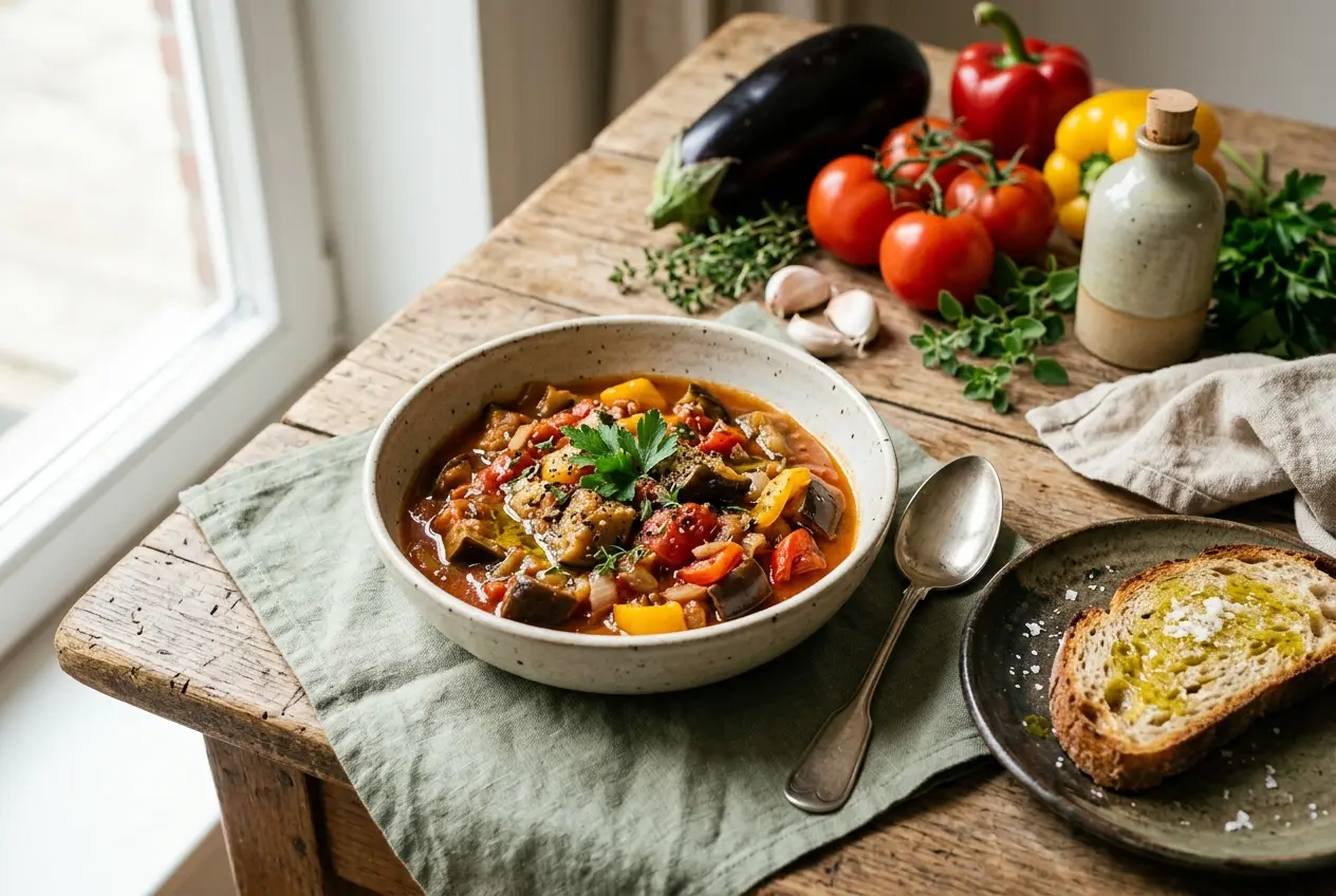 Aubergine stoof met tomaat en paprika — voedzaam Mediterraans recept