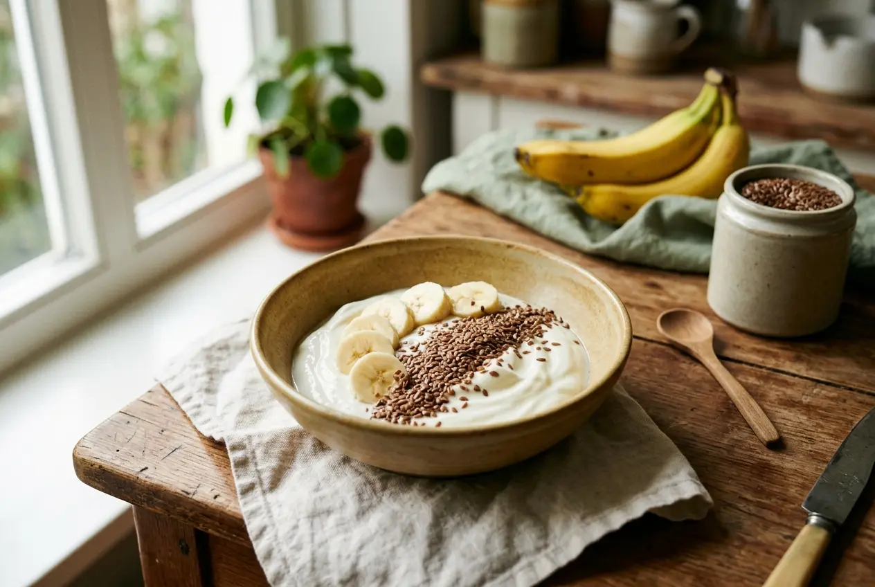 Biologische yoghurt met banaan en lijnzaad: gezond ontbijt in 2 minuten