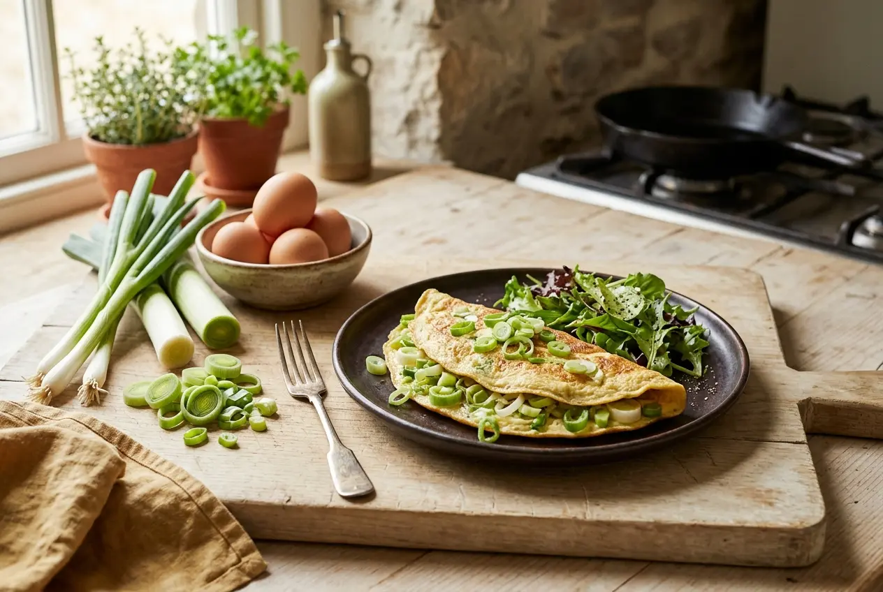Boerenomelet met bosuitjes en prei