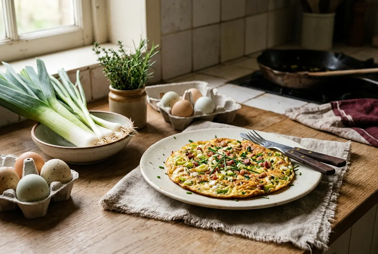 Boerenomelet met bosui en prei: recept en voedingswaarden