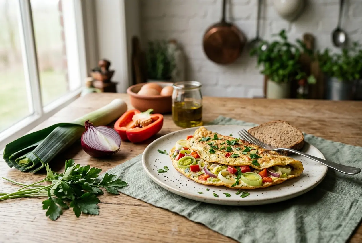 Boerenomelet met prei, paprika en rode ui: voedzaam recept in 25 minuten