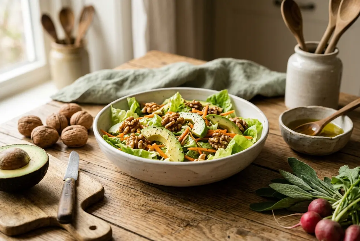 Gezonde salade met botersla, avocado, walnoten en wortel