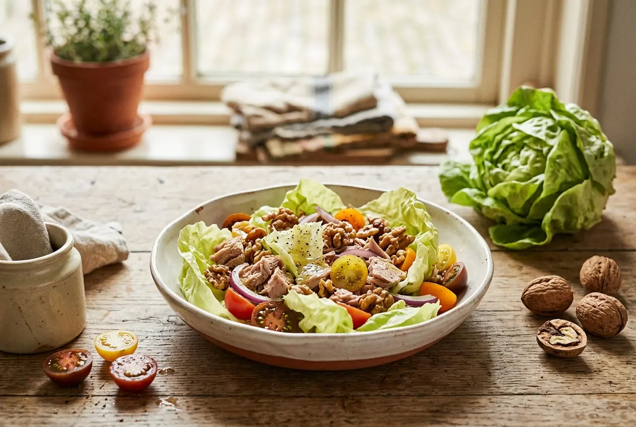Botersla, tonijn, noten, ui en tomaat: een voedzame lunchsalade