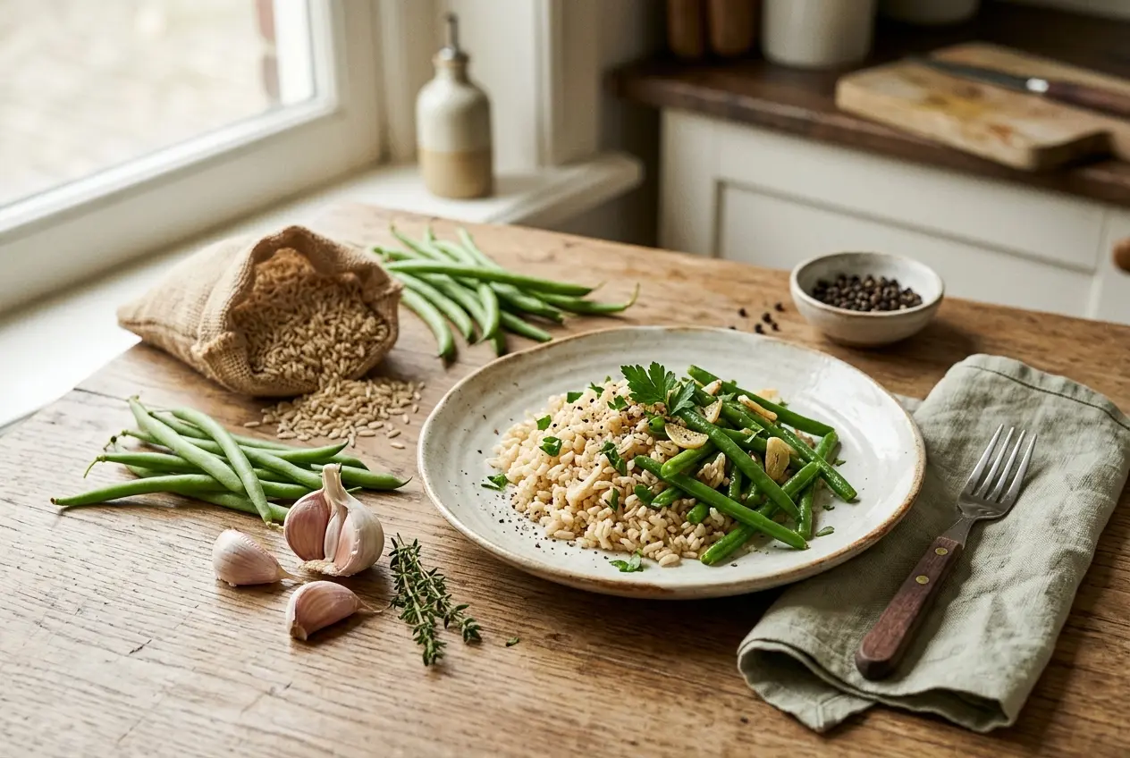 Bruine rijst met sperziebonen en knoflook: gezond recept in 30 minuten