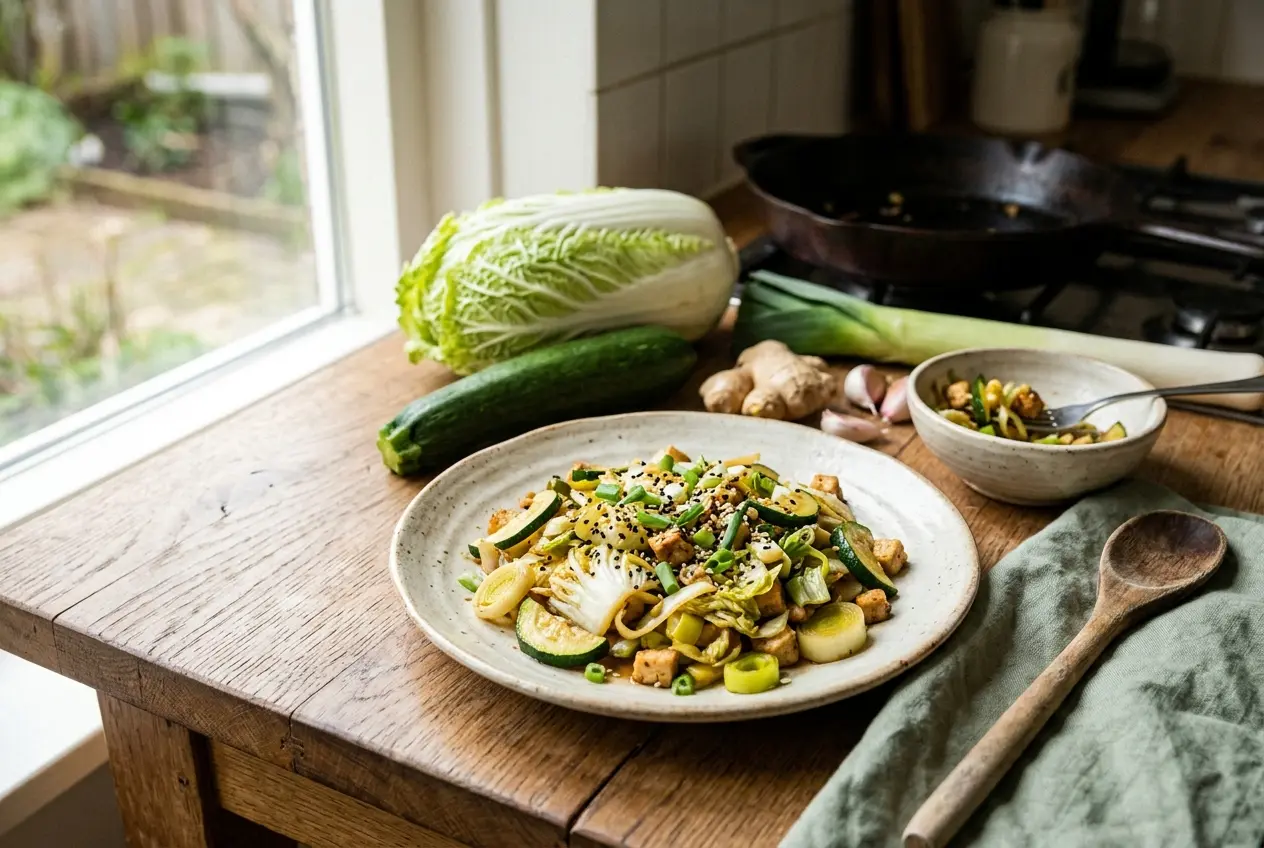 Snelle roerbak: Chinese kool, courgette en prei
