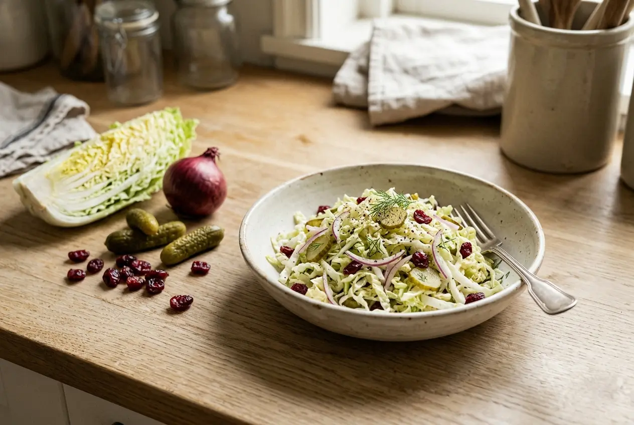 Chinese kool salade met rode ui, augurk en veenbessen