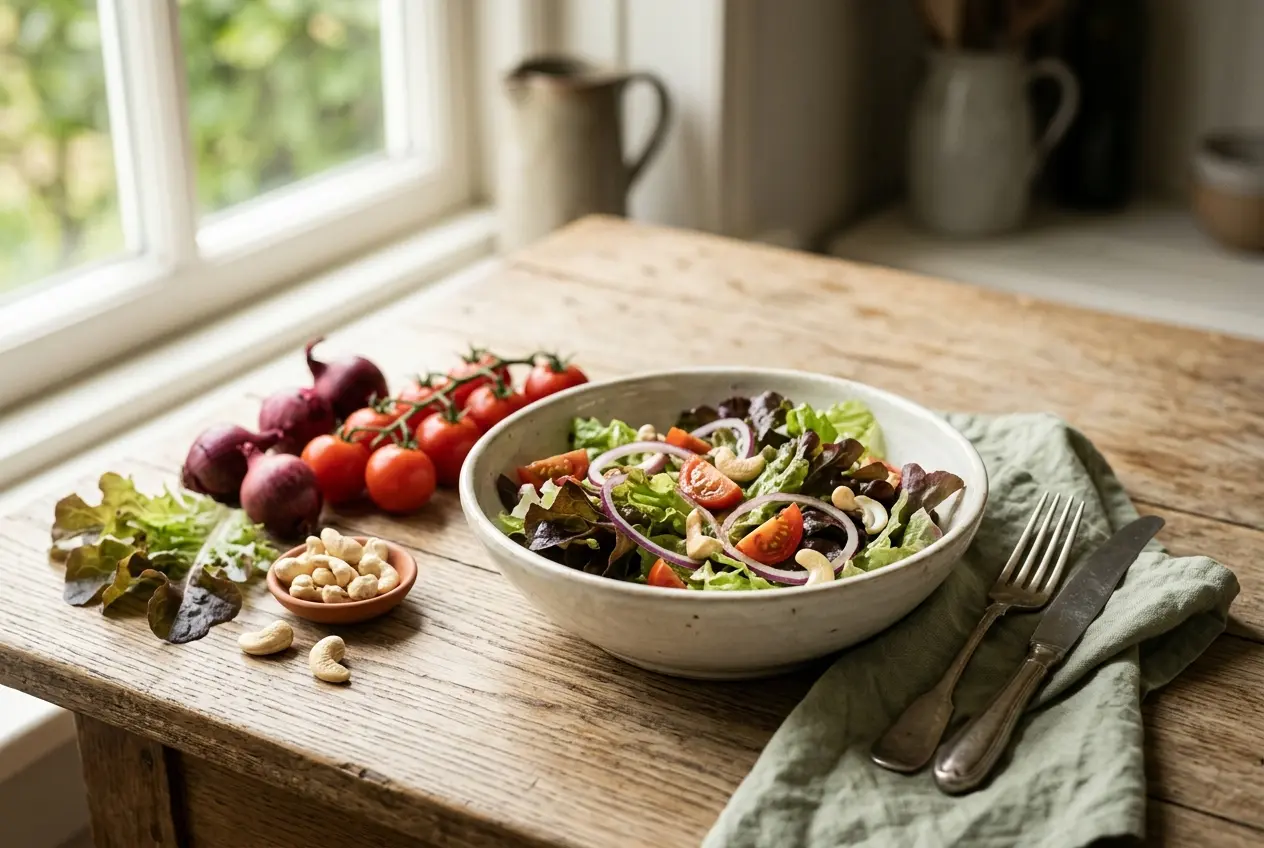 Eikenbladsla met ui, tomaat en ongezouten cashewnoten
