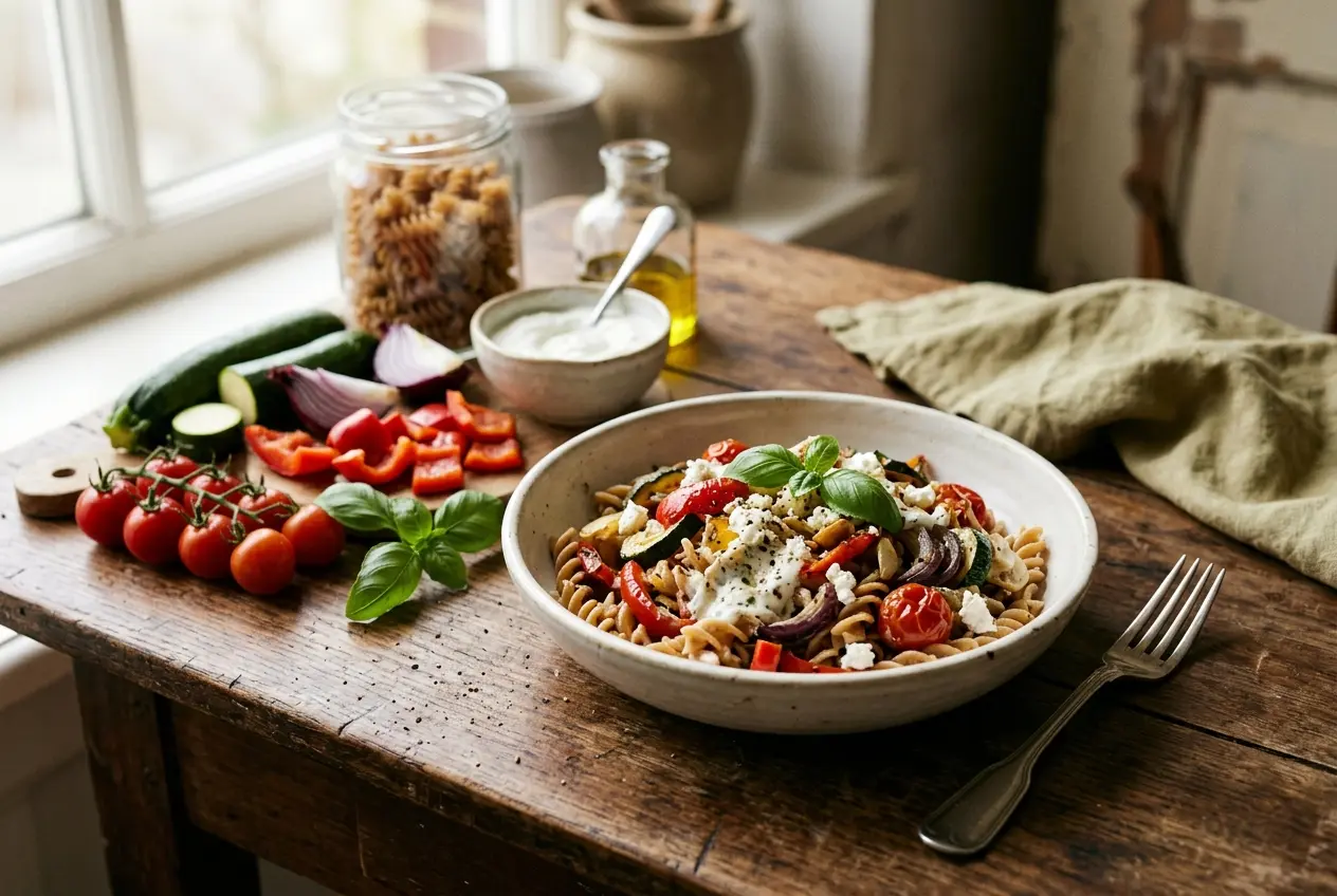 Geroosterde groenten pasta: recept met volkoren pasta en Griekse yoghurt