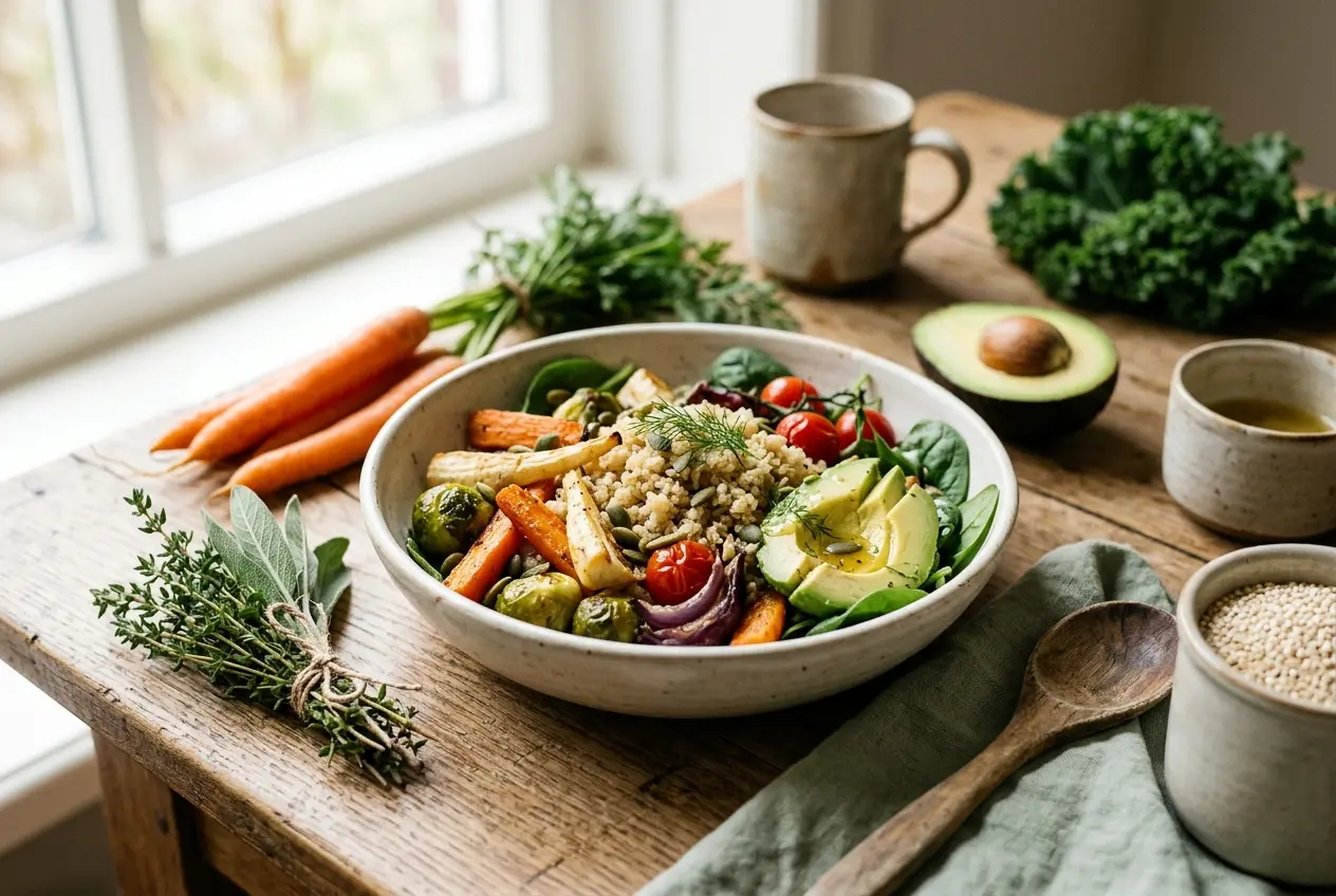 Geroosterde groentesalade met quinoa en avocado — recept voor 4 personen