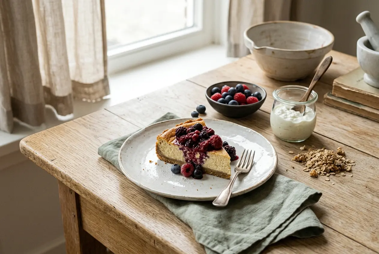 Gezonde cheesecake met bosvruchten — romige vulling, laag in vet