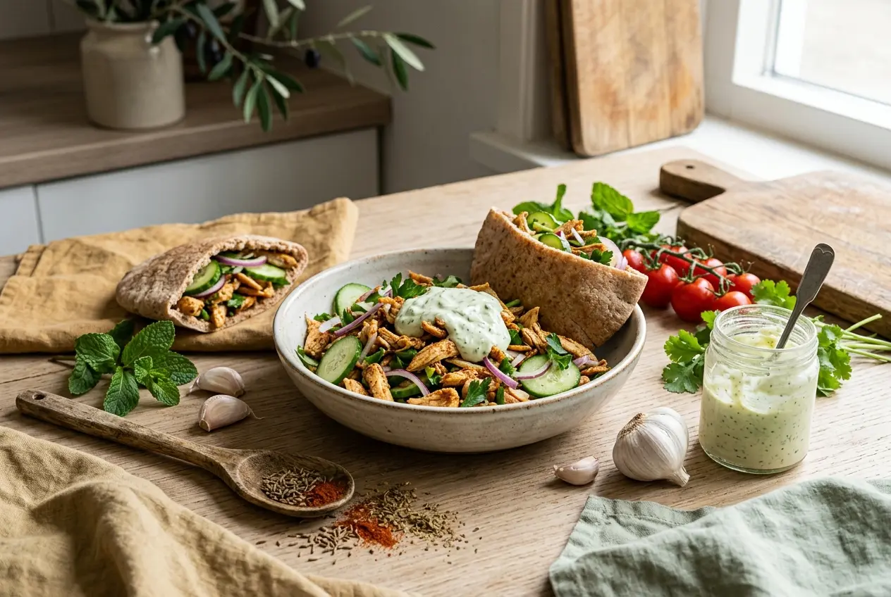 Kip shoarma in een pita: recept met zelfgemaakte marinade en knoflooksaus
