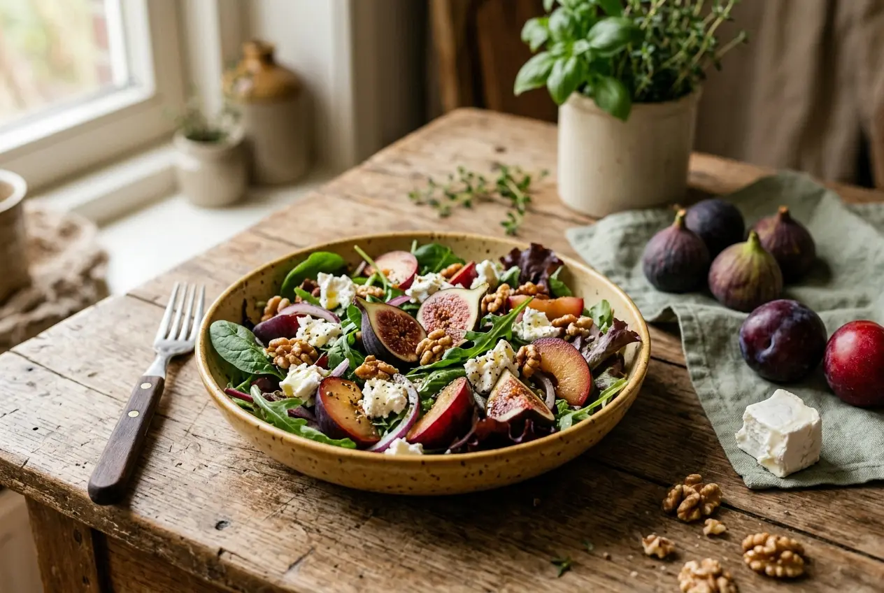Kleurrijke salade met vijgen, pruimen en geitenkaas (klaar in 15 minuten)