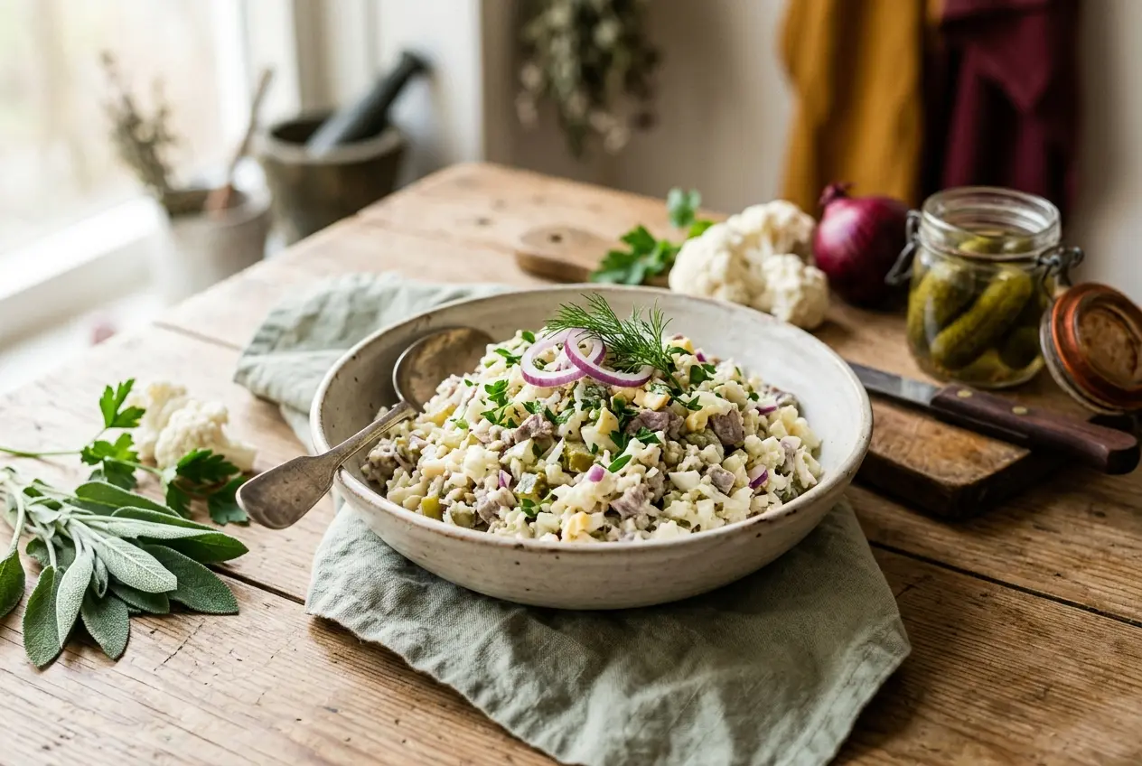 Koolhydraatarme Huzarensalade met Bloemkoolrijst