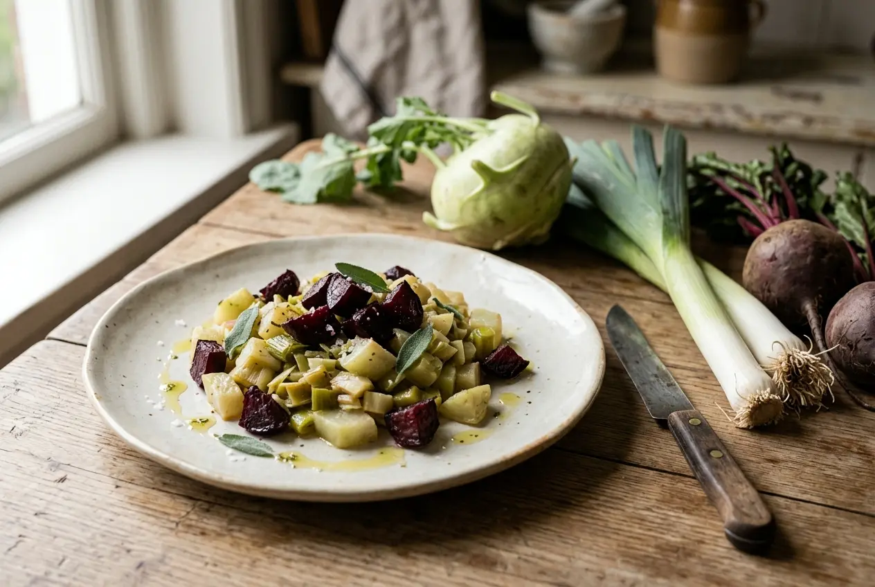 Koolrabi met prei en rode biet — eenvoudig recept vol vers groenten