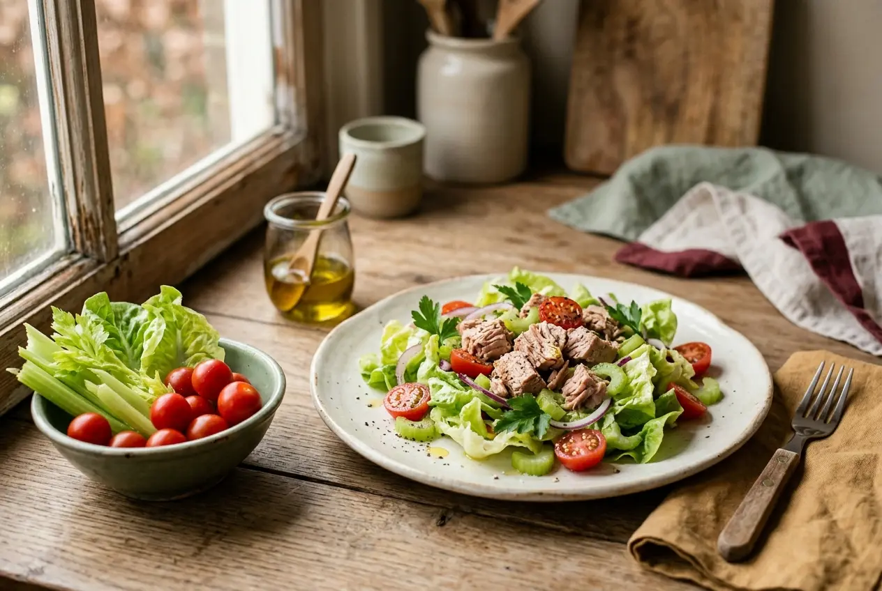 Kropsla met tonijn, cherrytomaatjes en bleekselderij — omega-3 salade in 10 minuten