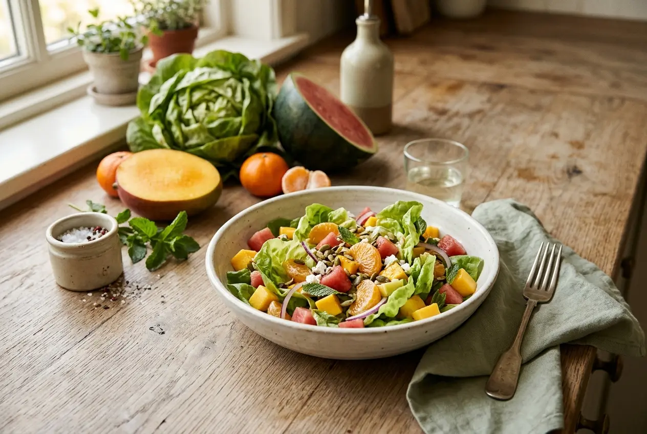 Frisse kropsla-salade met mango, mandarijn en watermeloen