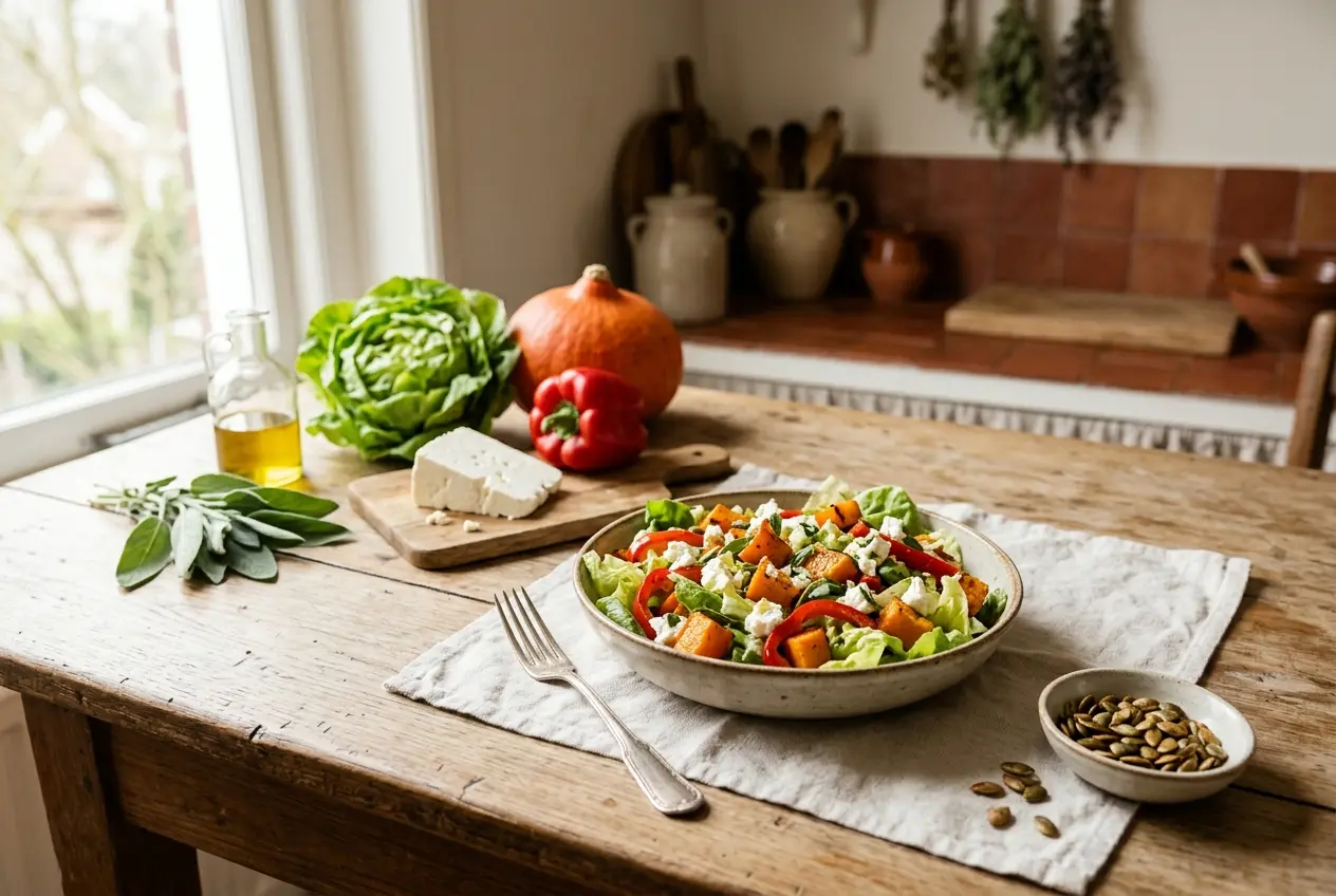 Kropsla met paprika, pompoen en fetakaas — Een voedzame salade in 10 minuten