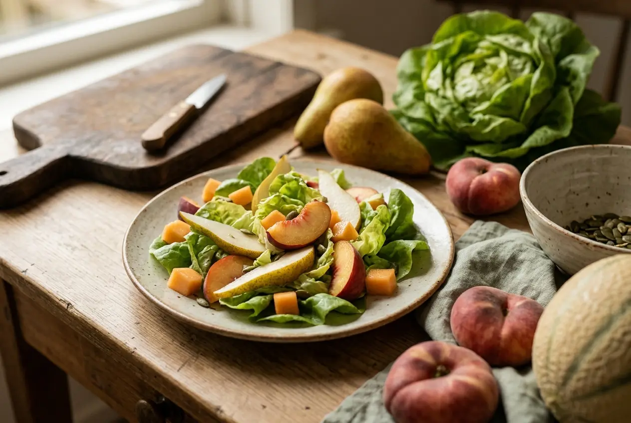 Kropsla met peer, wilde perzik en meloen — een fruitsalade vol vezel