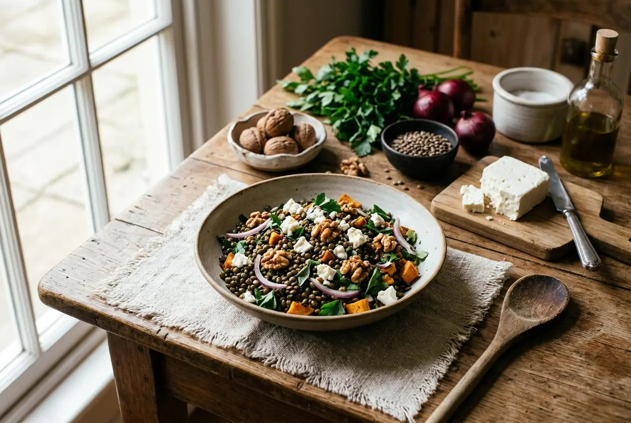 Linzensalade met feta en walnoten