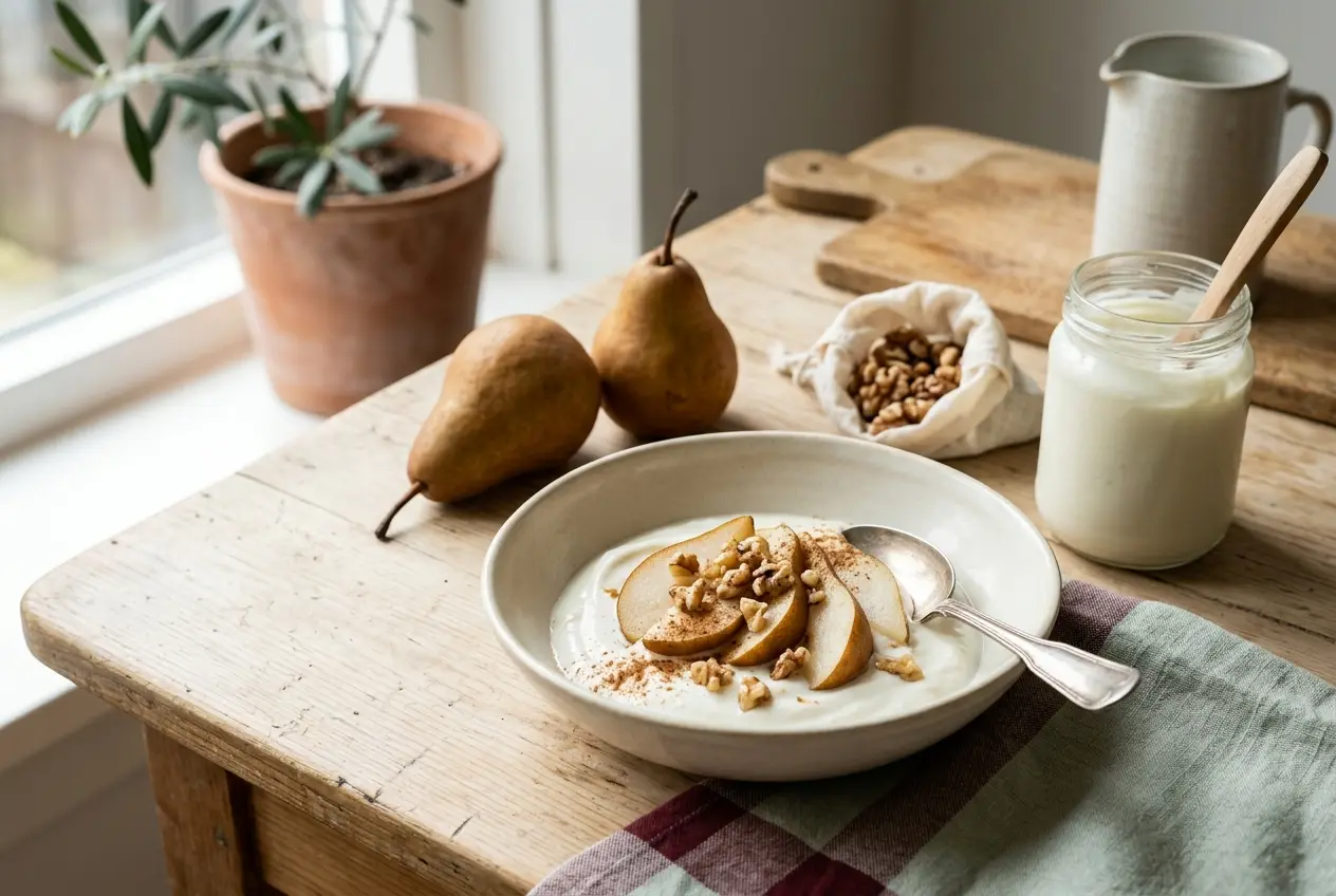 Yoghurt met peer: snelle gezonde lunch met eiwitten en vezels