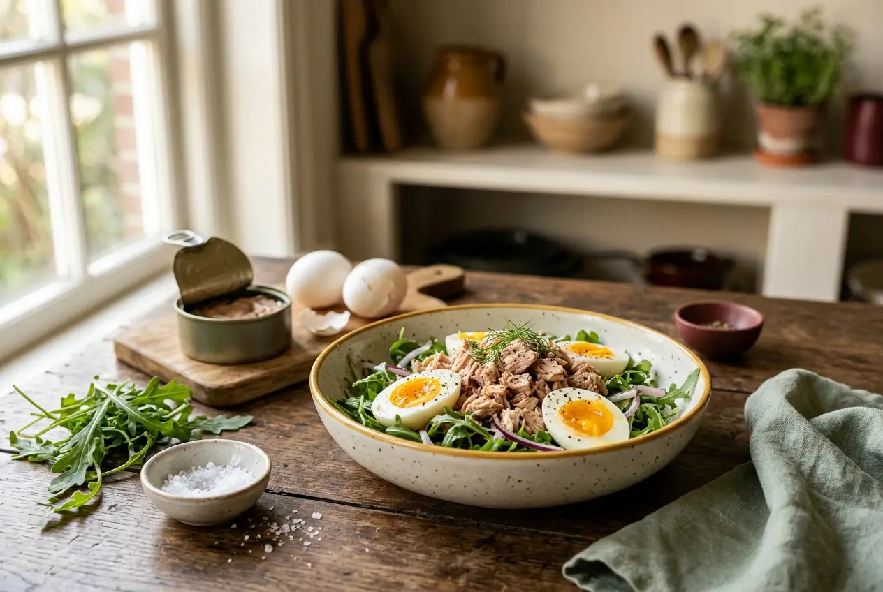 Tonijnsalade met ei en rucola: voedzame lunch in 15 minuten