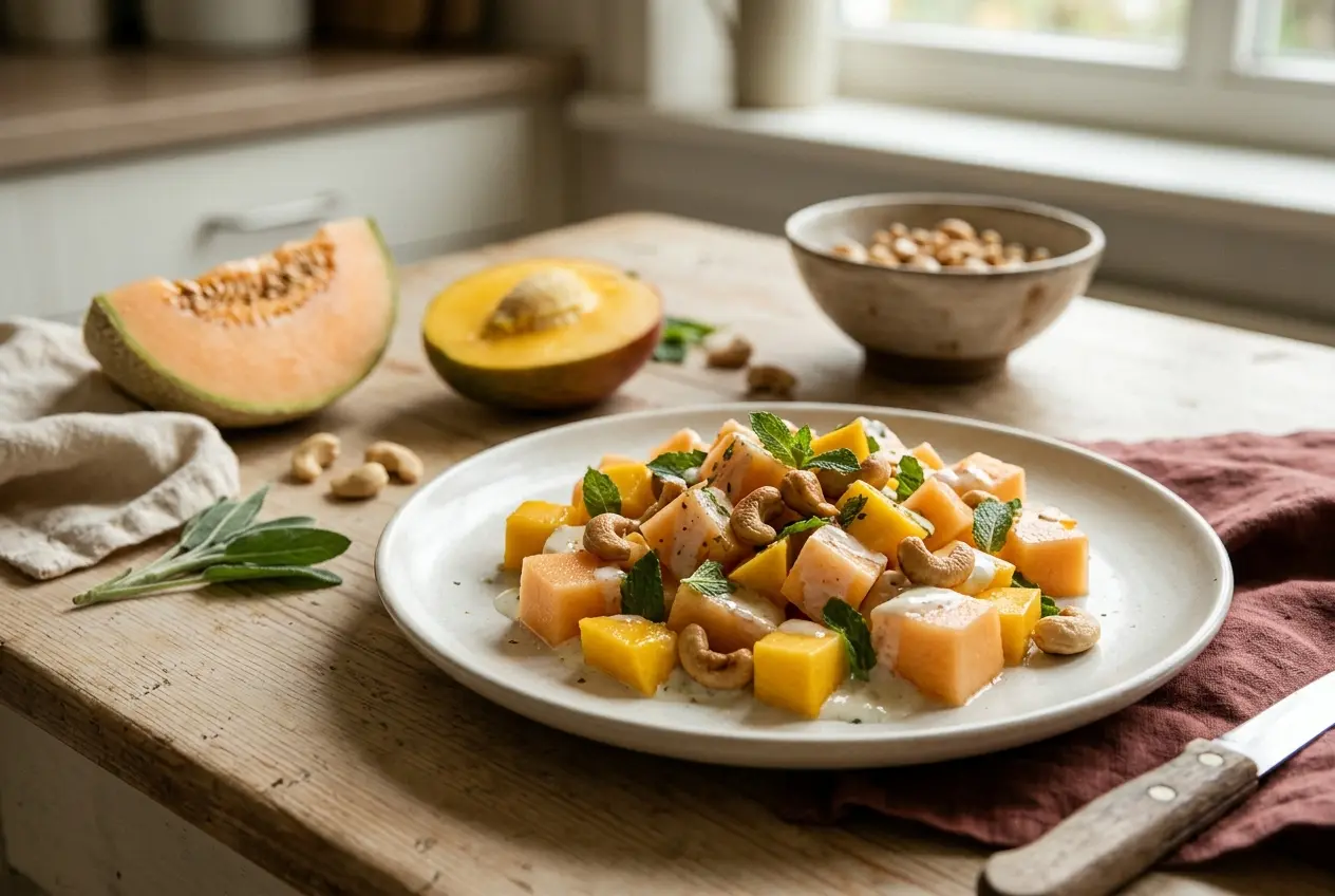 Meloen met mango en cashewnoten — lichte lunch die echt verzadigt
