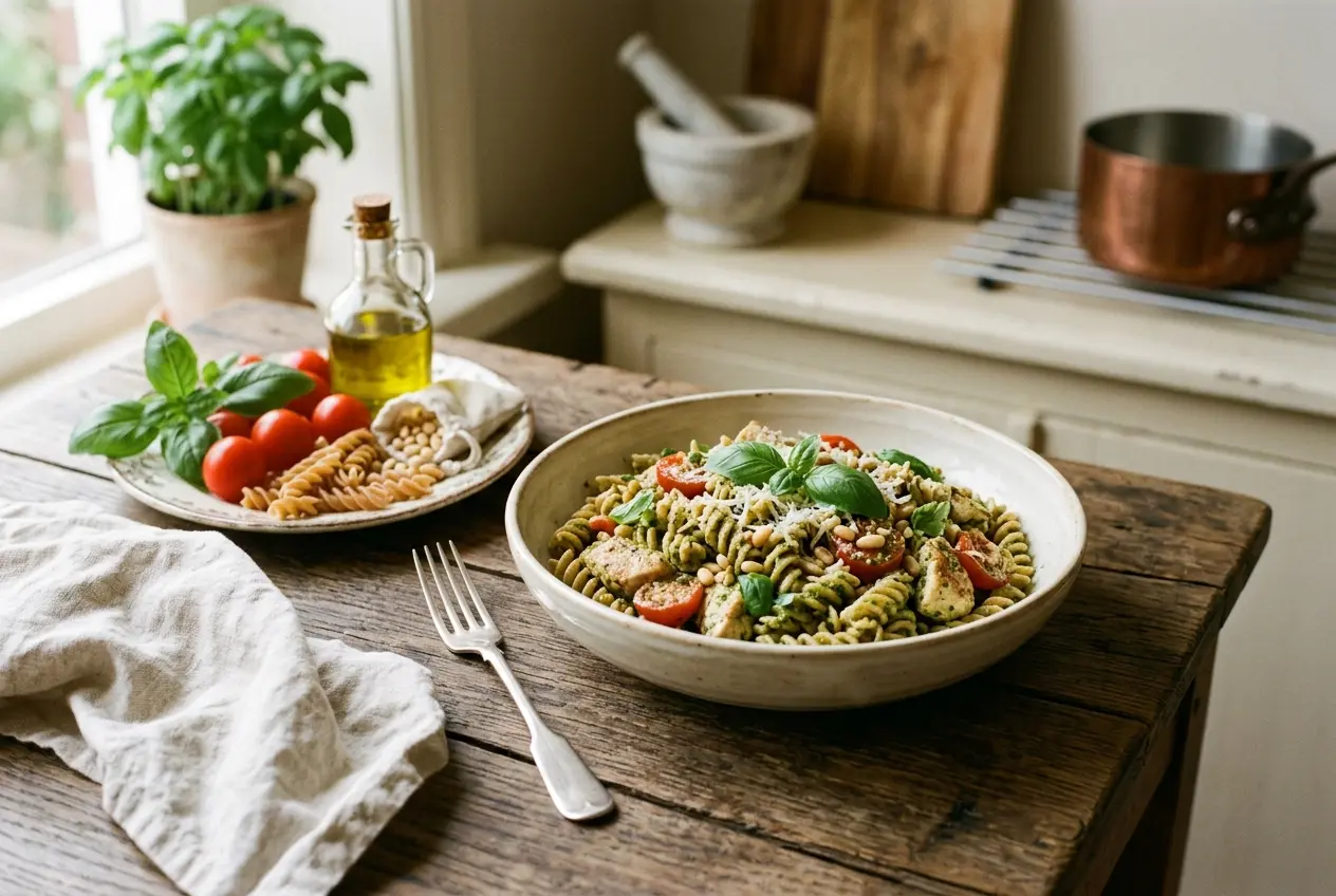 Pasta pesto met kip: Mediterranean comfort food vol eiwitten