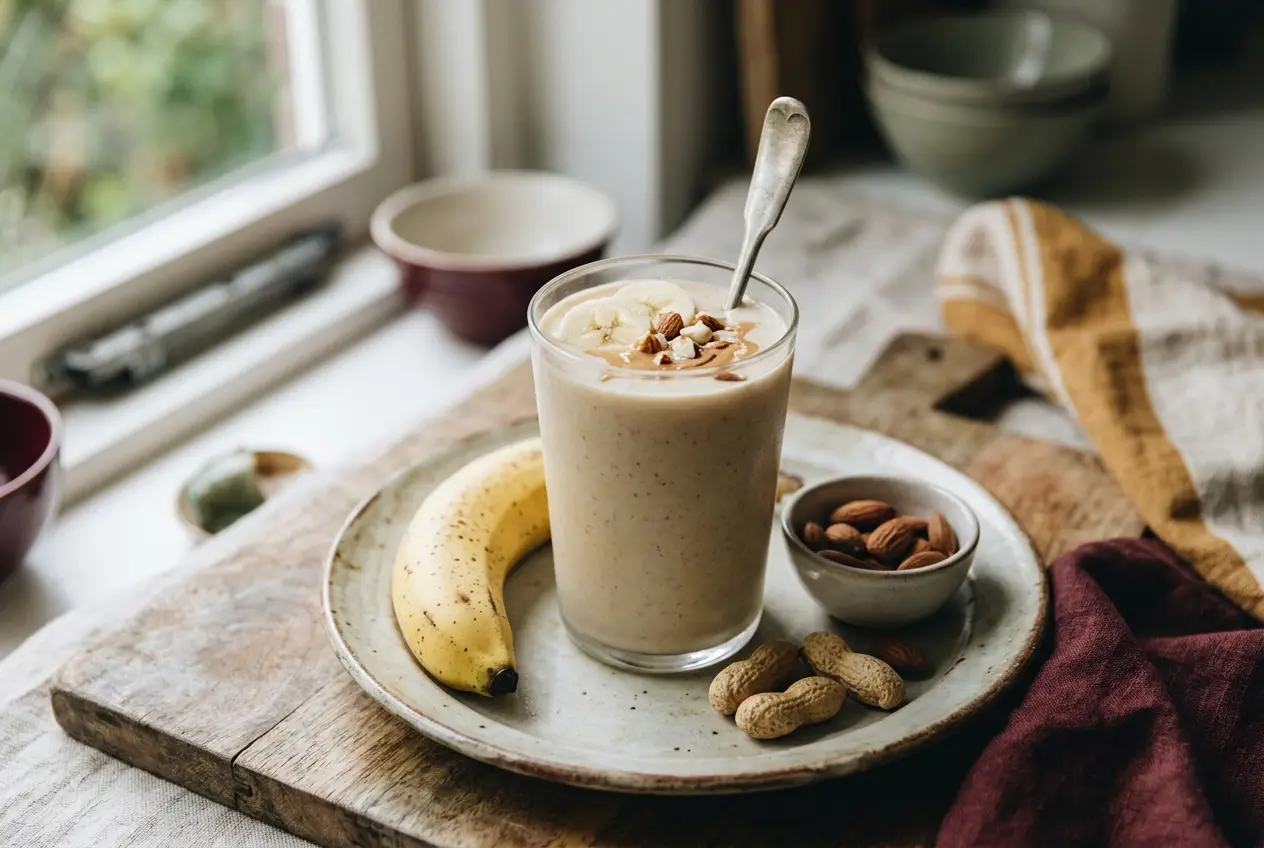 Pindakaas smoothie met amandelmelk en banaan