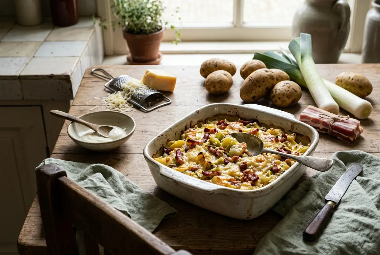 Prei ovenschotel met aardappel en spek — makkelijk recept voor 4 personen