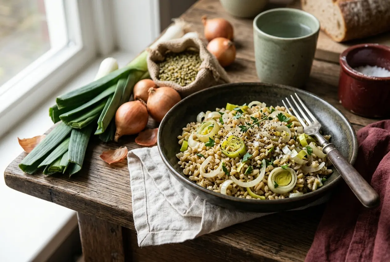 Prei met ui en freekeh: voedzame één-panmaaltijd in 20 minuten