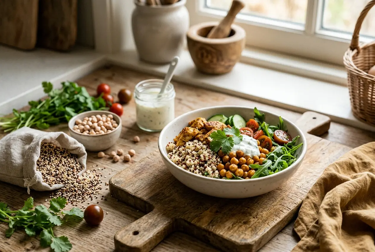 Quinoa bowl met kip en kikkererwten: voedzame maaltijd in 25 minuten