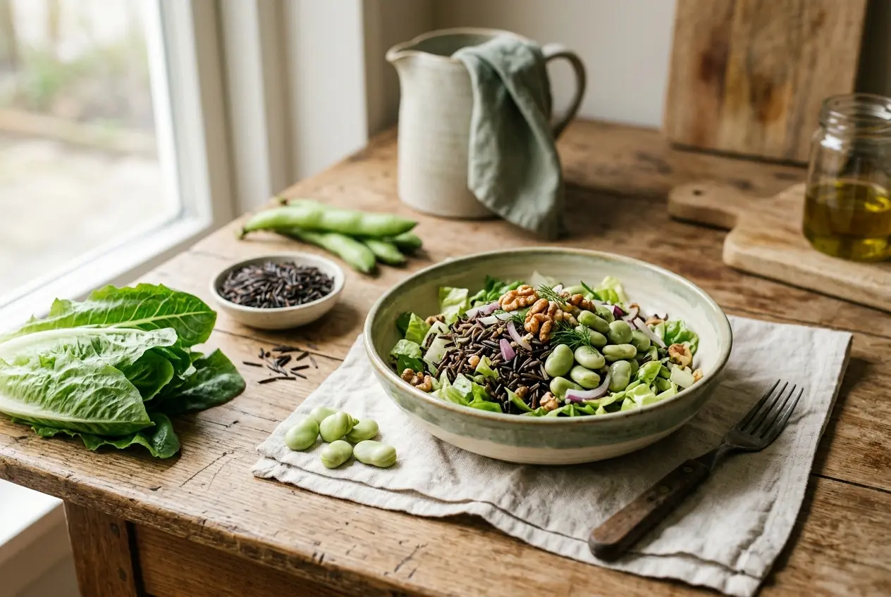 Rauwe andijvie met wilde rijst en tuinbonen: gezond vegetarisch diner