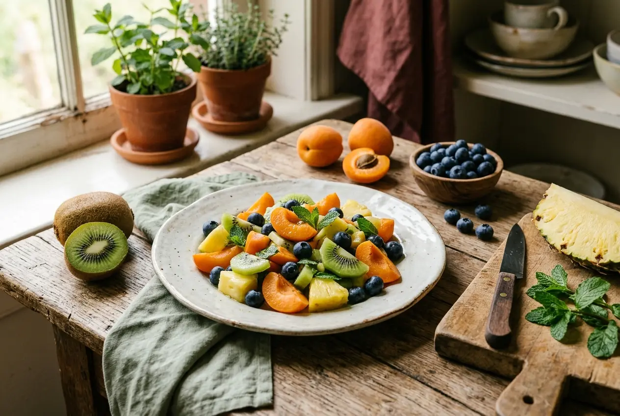 Fruitcocktail met abrikoos, blauwe bessen, kiwi en ananas: voedzaam snack recept
