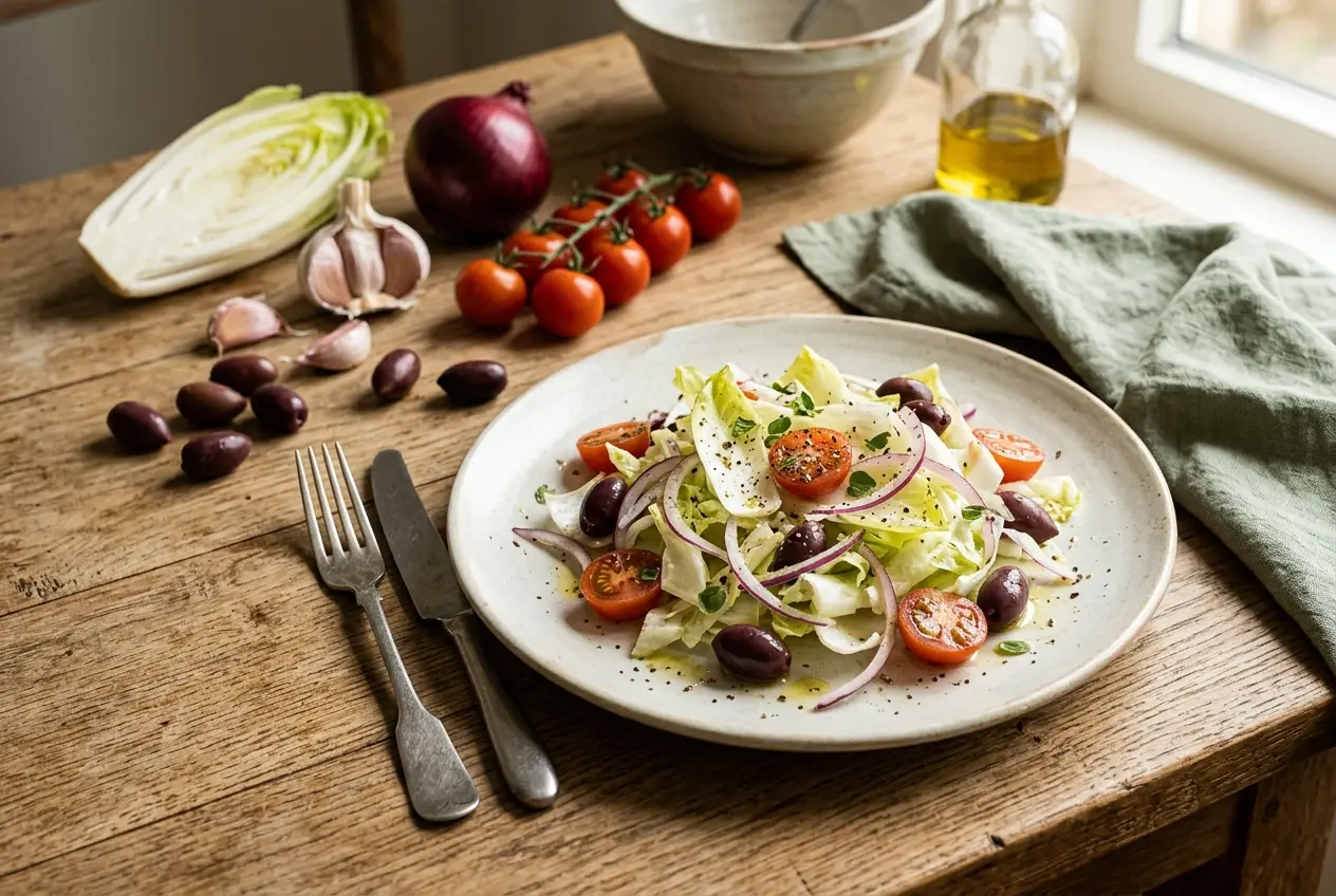 Mediterrane andijviesalade met ui, olijven en tomaat: Gezond receptje van 5 minuten