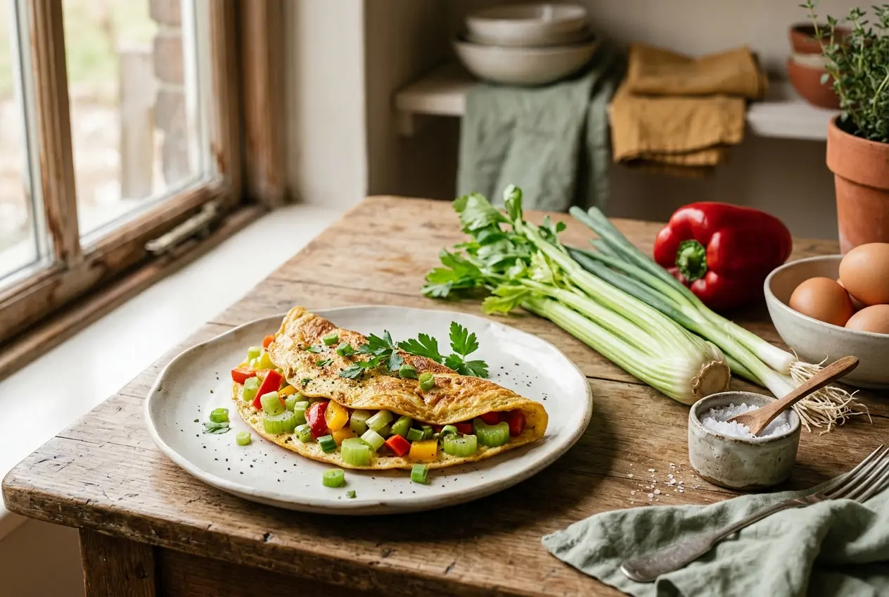 Omelet met bleekselderij, paprika en lente-ui: voedzaam lentereceptje