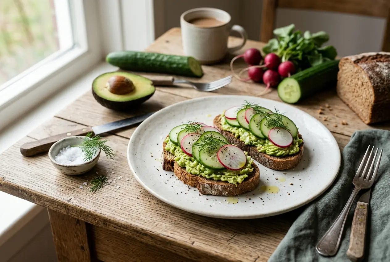 Speltbrood met avocado, komkommer en radijs — vers ontbijt vol groenten