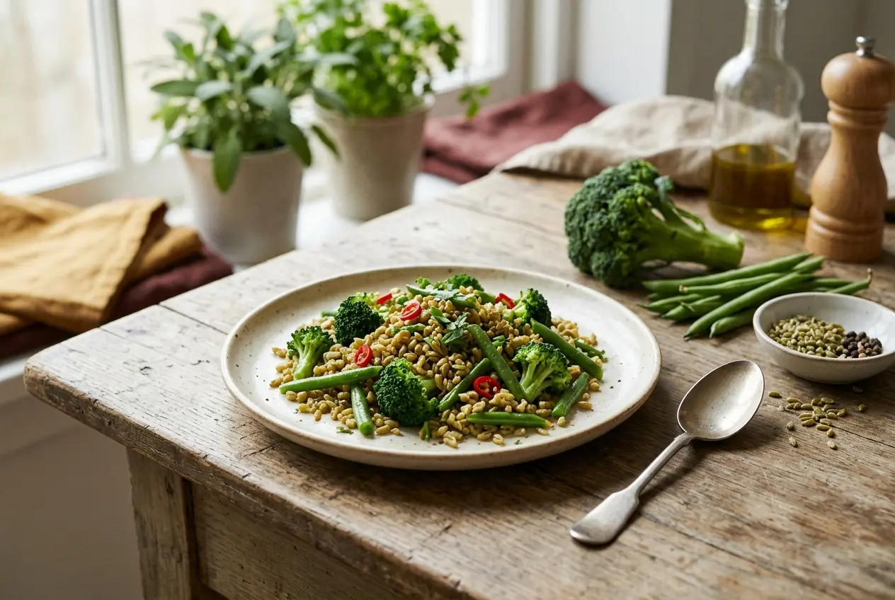 Groen roerbakgerecht met broccoli, groene bonen en green wheat