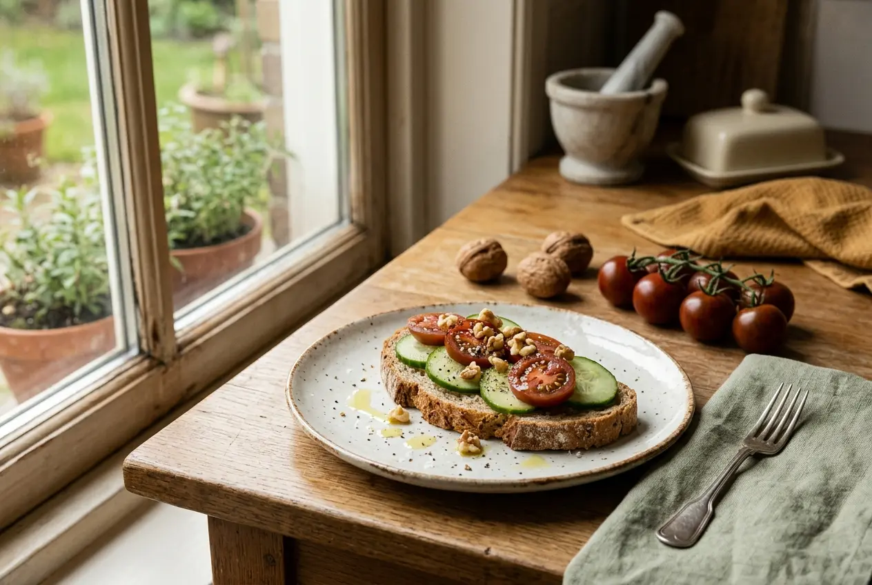 Speltbrood met komkommer, tomaat en walnoten: een voedzaam ontbijt