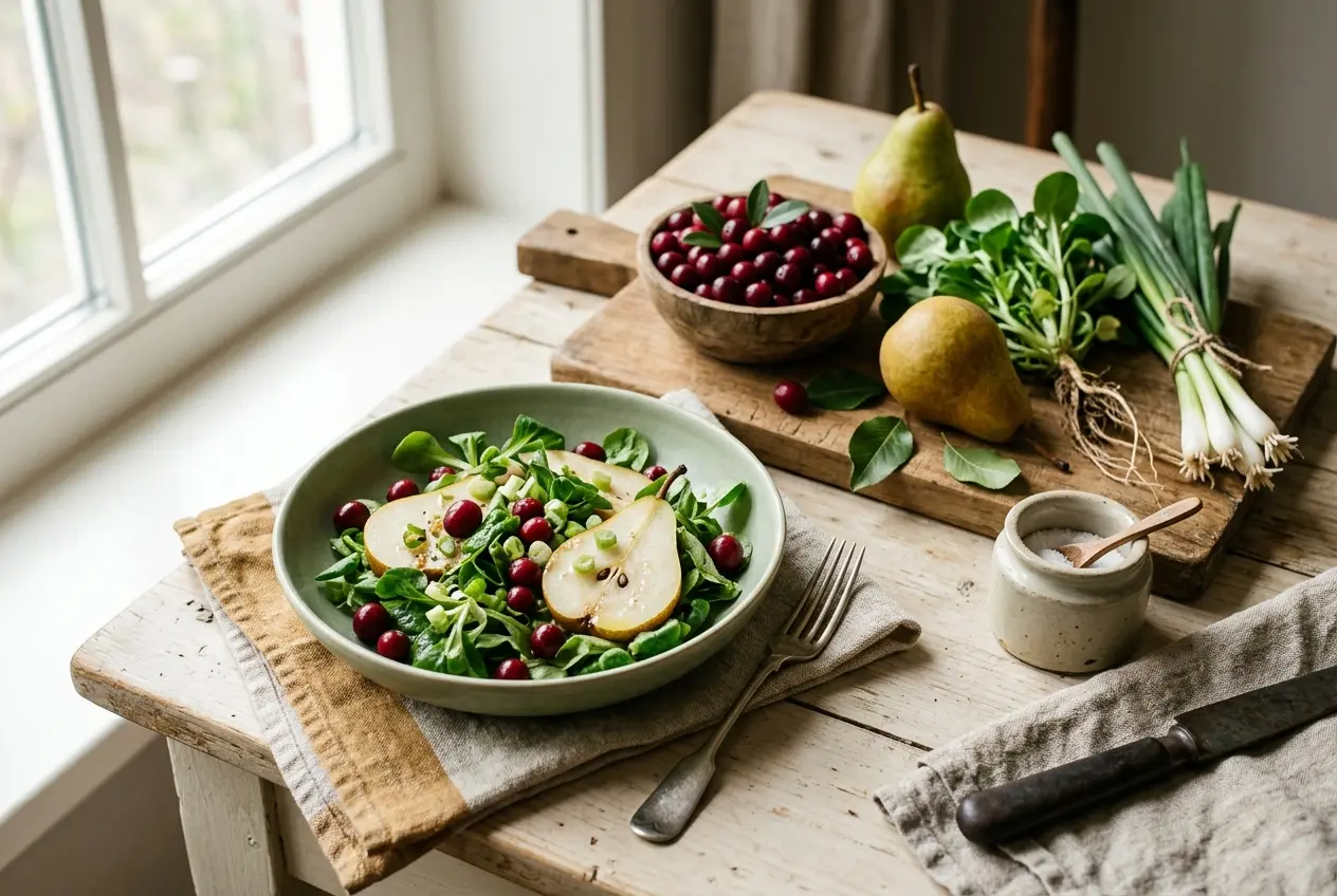 Veldsla met veenbessen, peer en bosui — snelle herfstsalade vol antioxidanten