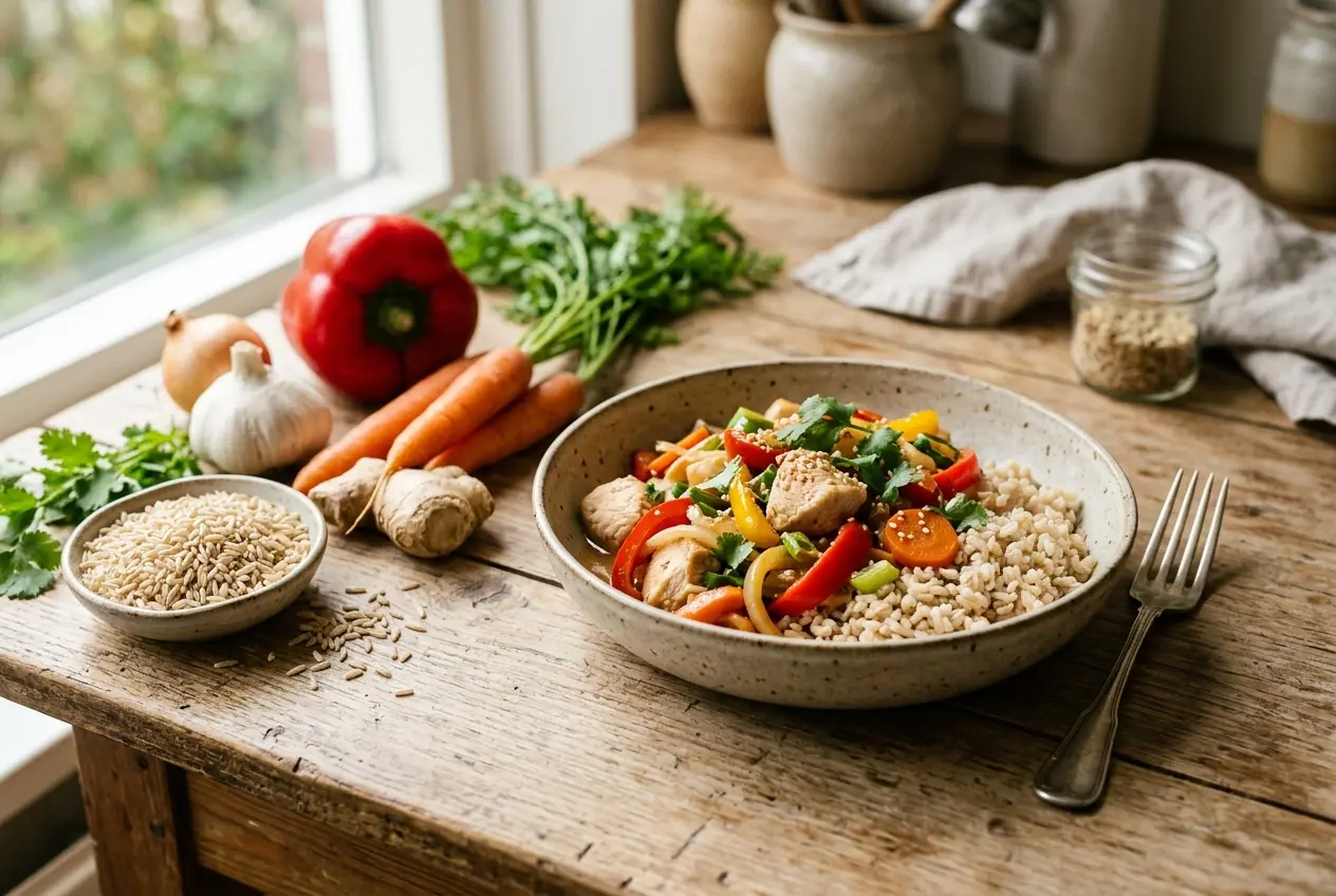 Kip roerbak met paprika en volkoren rijst (klaar in 25 minuten)