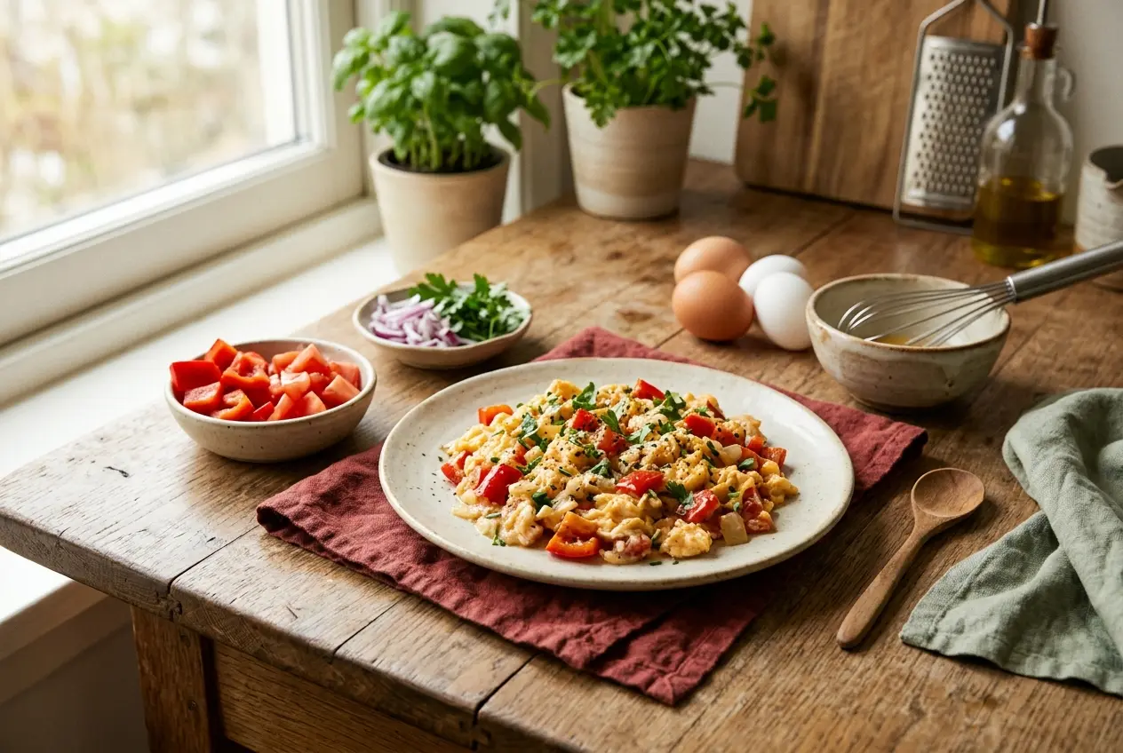 Roerei met paprika, tomaat en ui — eiwitrijke lunch in 15 minuten