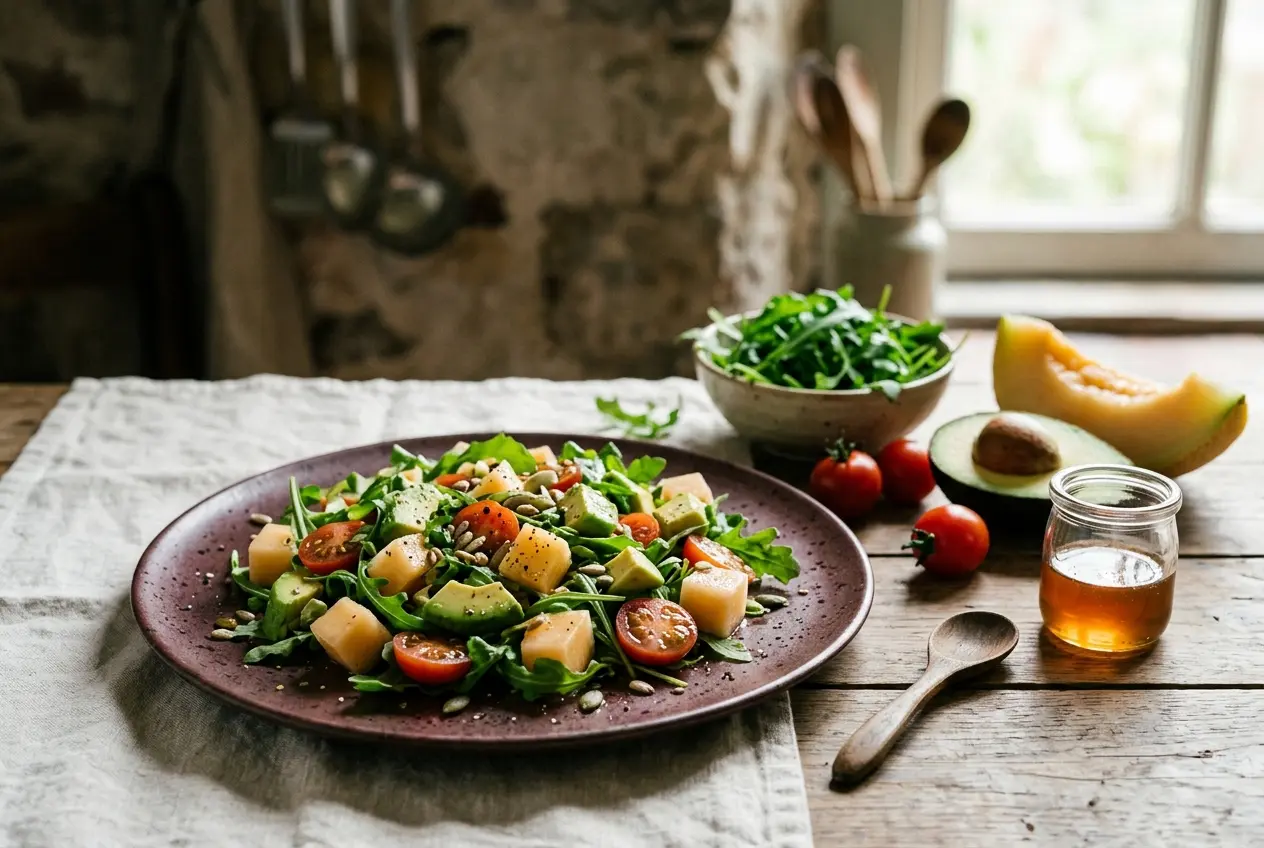 Rucola met avocado, tomaatjes en honingmeloen: gezond salade-recept