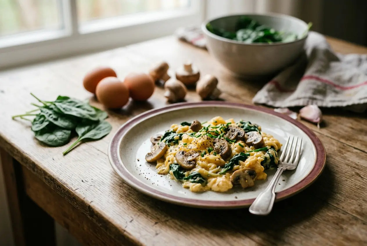 Scrambled Eggs met Spinazie en Champignons: Gezond Eiwitrijk Ontbijt