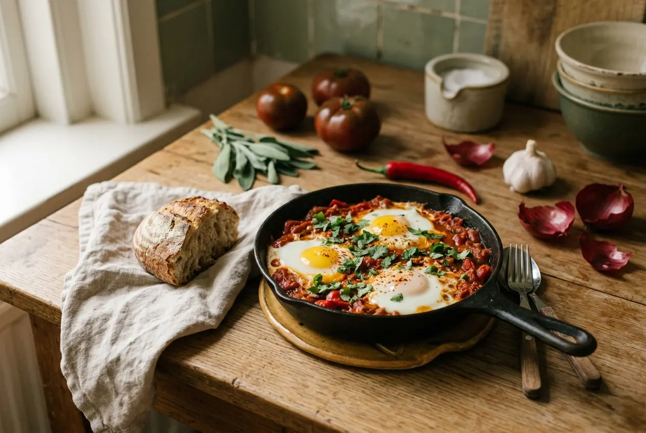 Shakshuka met eieren: klassiek recept met gepocheerde eieren in tomatensaus