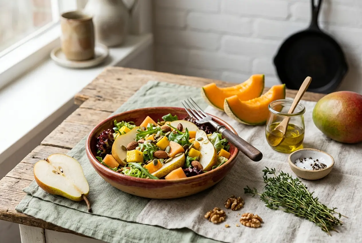 Gezonde slamix met peer, meloen en mango