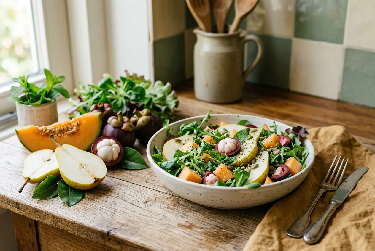 Slamix met peer, meloen, en mangostukjes — gezonde salade vol vitamines