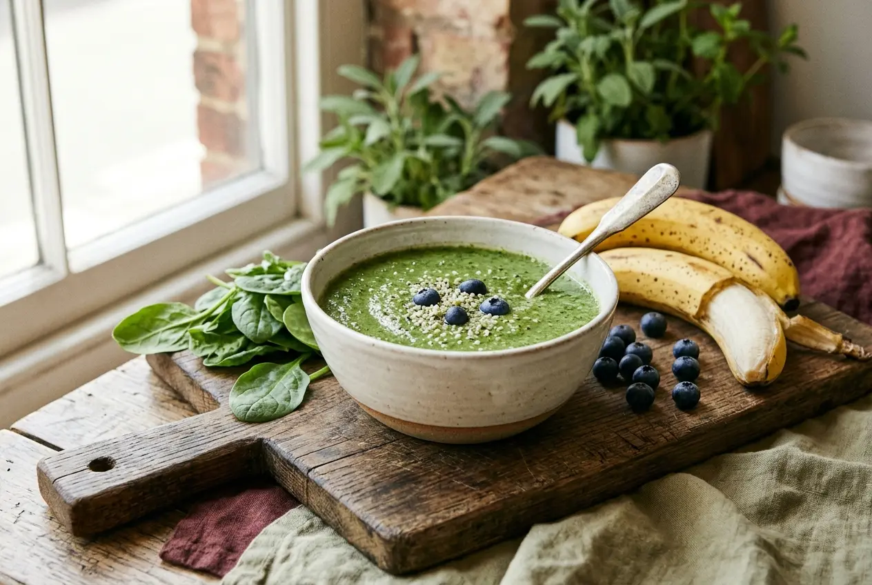 Groene smoothie met spinazie, banaan en blauwe bessen